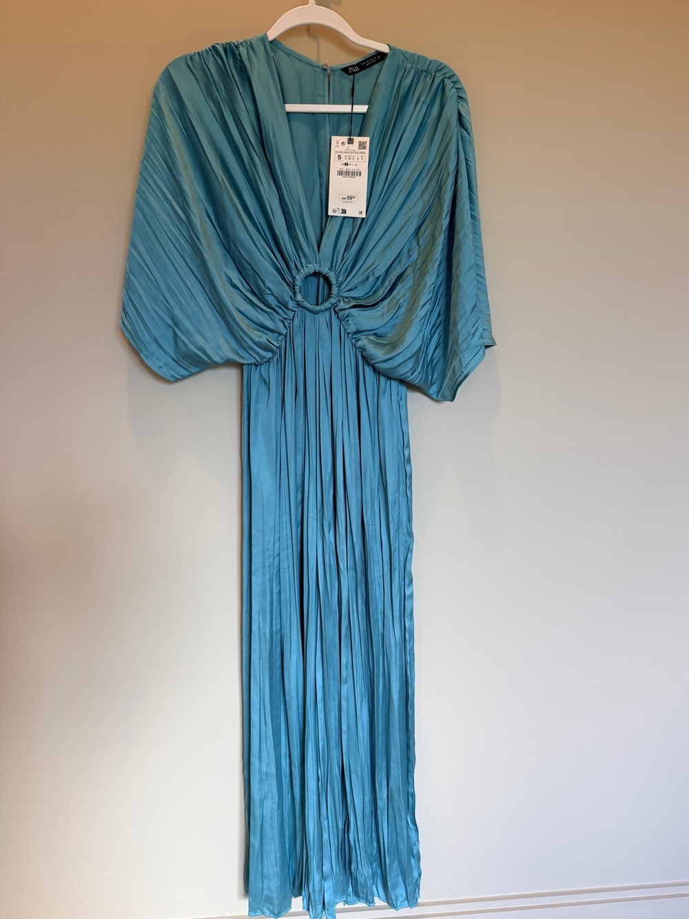 Zara Satin Pleated Ring Cutout Midi Dress Teal Size S NWT